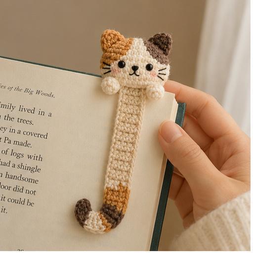 Crochet Calico Cat Bookmark, Handmade Page Marker, Cozy Reading Accessory