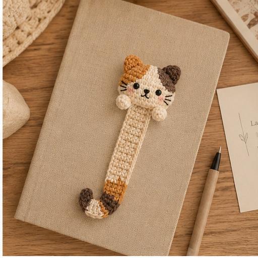 Crochet Calico Cat Bookmark, Handmade Page Marker, Cozy Reading Accessory