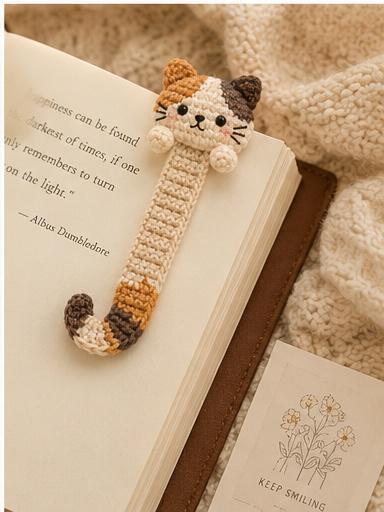 Crochet Calico Cat Bookmark, Handmade Page Marker, Cozy Reading Accessory