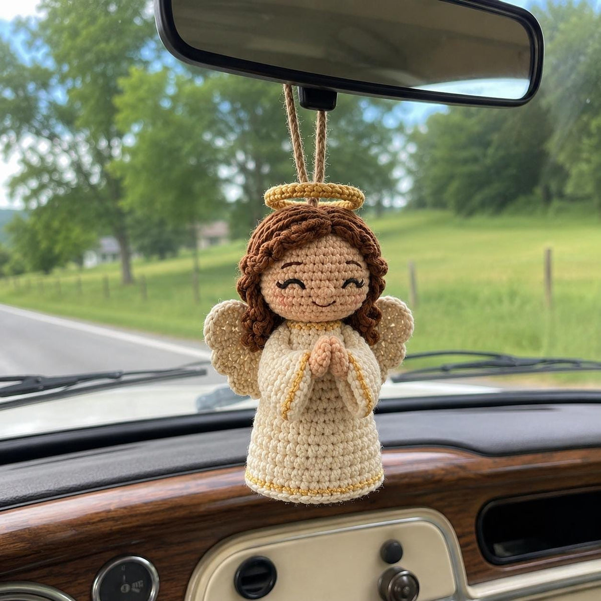 Crochet Angel Car Charm, Guardian Angel Rearview Mirror Hanger, Handmade Amigurumi Car Decor, Christian Gift, Prayer Angel Ornament