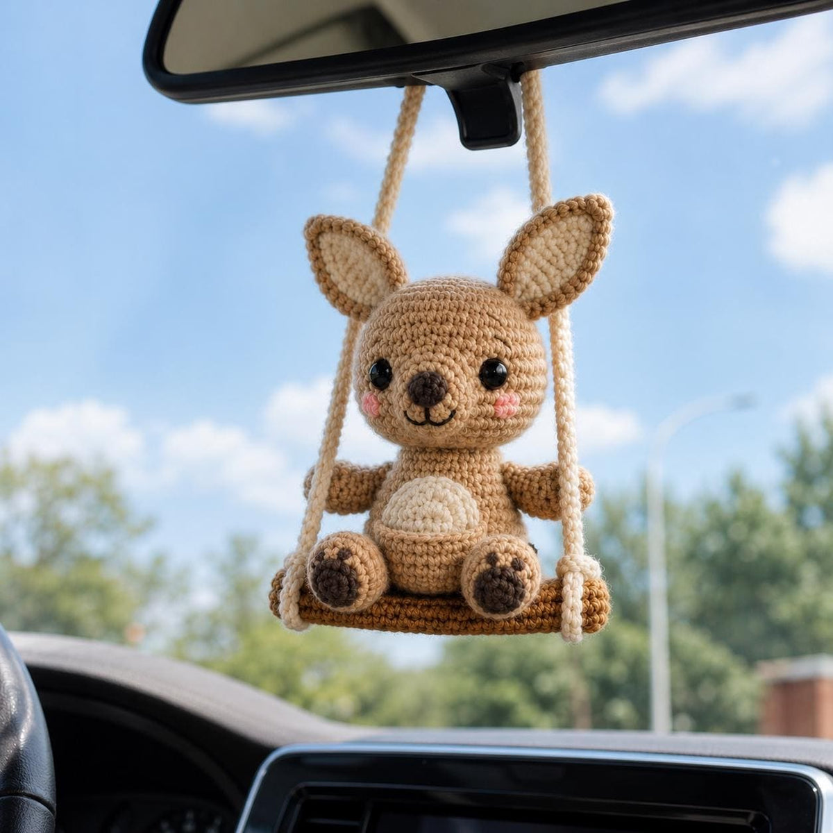 Crochet Kangaroo Car Charm on Swing, Handmade Rearview Mirror Hanger, Cute Amigurumi Car Accessory, Kawaii Australian Animal Gift