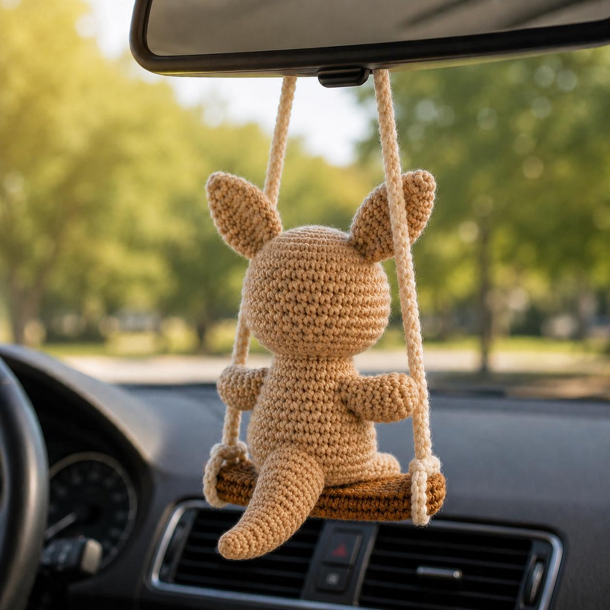 Crochet Kangaroo Car Charm on Swing, Handmade Rearview Mirror Hanger, Cute Amigurumi Car Accessory, Kawaii Australian Animal Gift