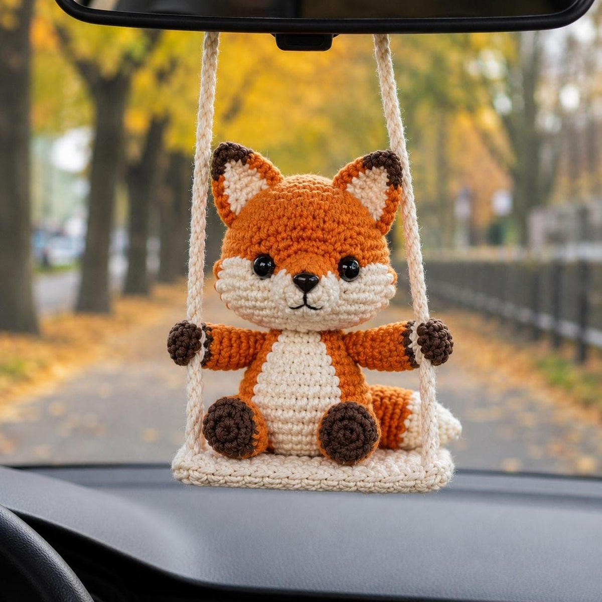Crochet Fox Car Charm on Swing, Handmade Amigurumi Rearview Mirror Hanging, Cute Car Accessory, Fox Lover Gift