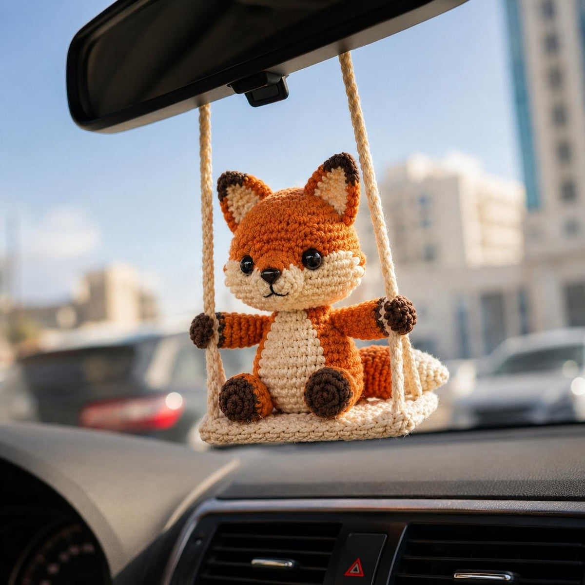 Crochet Fox Car Charm on Swing, Handmade Amigurumi Rearview Mirror Hanging, Cute Car Accessory, Fox Lover Gift