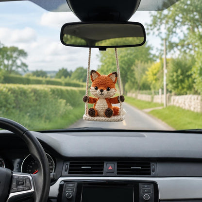 Crochet Fox Car Charm on Swing, Handmade Amigurumi Rearview Mirror Hanging, Cute Car Accessory, Fox Lover Gift