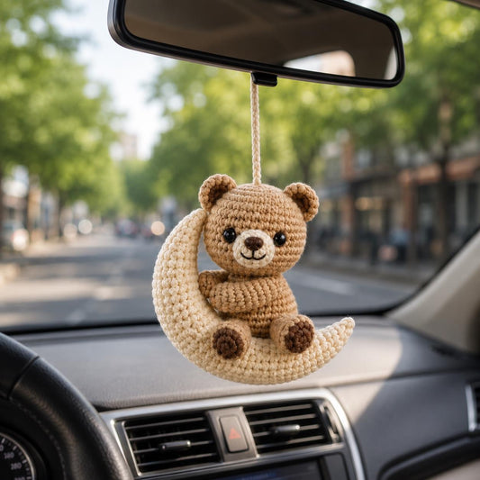 Crochet Teddy Bear Car Charm, Bear on Crescent Moon Rearview Mirror Ornament, Handmade Amigurumi Car Decor, Cute Gift for Her