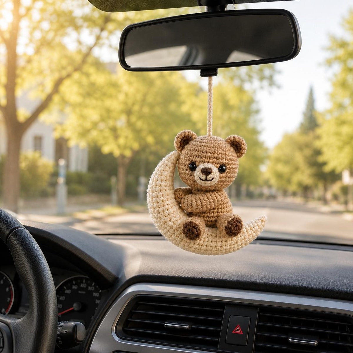 Crochet Teddy Bear Car Charm, Bear on Crescent Moon Rearview Mirror Ornament, Handmade Amigurumi Car Decor, Cute Gift for Her