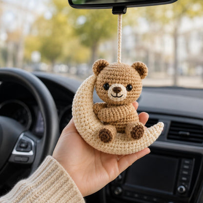 Crochet Teddy Bear Car Charm, Bear on Crescent Moon Rearview Mirror Ornament, Handmade Amigurumi Car Decor, Cute Gift for Her
