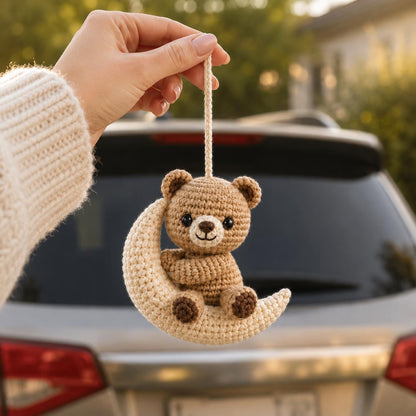Crochet Teddy Bear Car Charm, Bear on Crescent Moon Rearview Mirror Ornament, Handmade Amigurumi Car Decor, Cute Gift for Her
