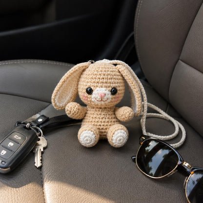 Crochet Bunny Car Charm, Cute Rabbit Rearview Mirror Hanger, Handmade Bunny Swing Car Decor, Gift for Driver