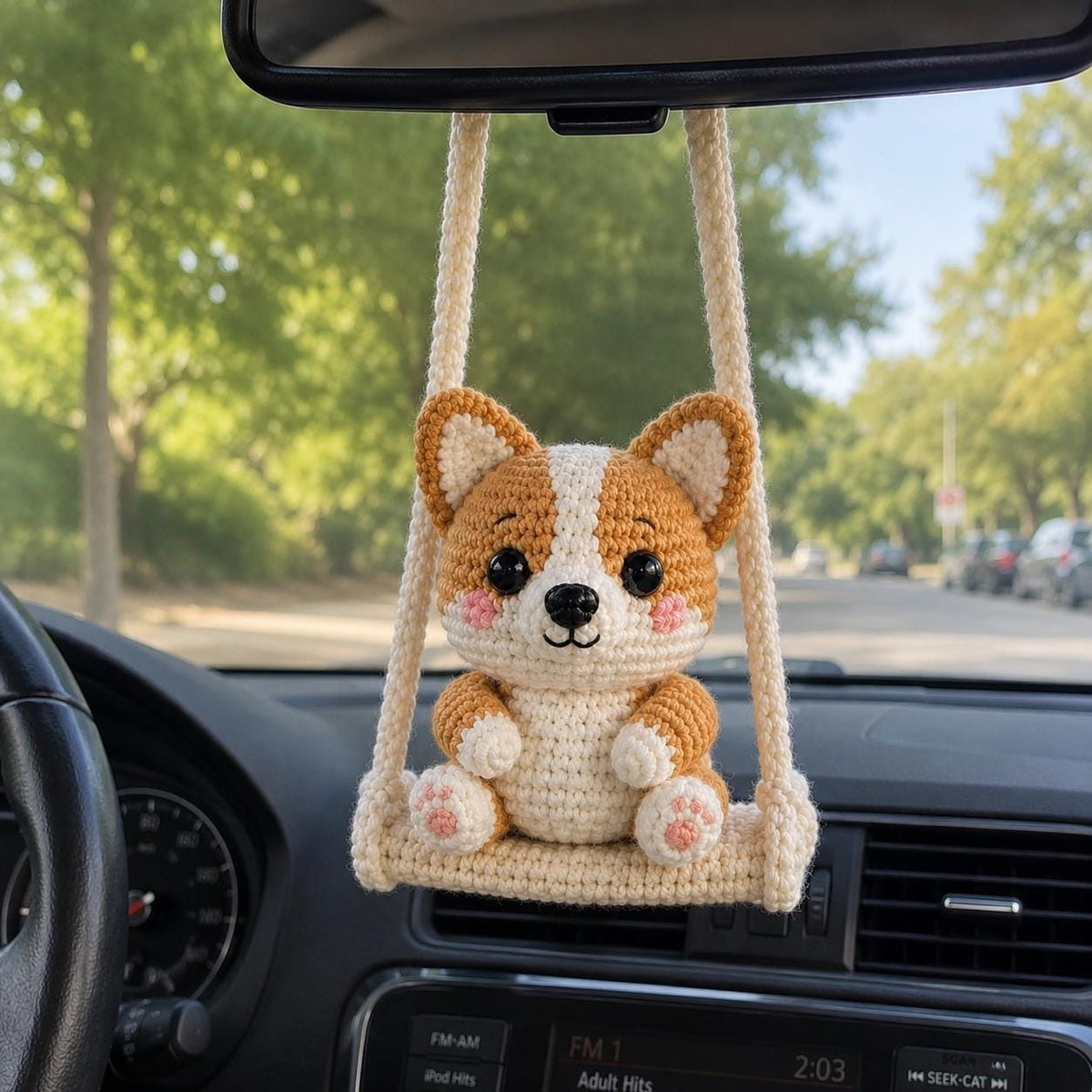 Crochet Corgi Car Charm, Cute Rearview Mirror Ornament, Handmade Amigurumi Dog on Swing, Corgi Lover Gift, Car Hanging Decor