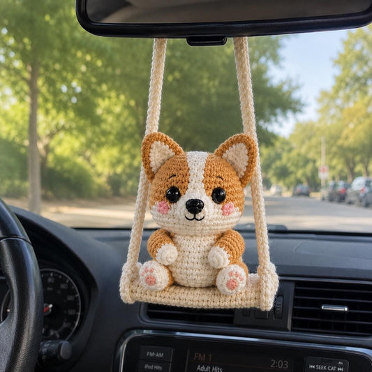 Crochet Corgi Car Charm, Cute Rearview Mirror Ornament, Handmade Amigurumi Dog on Swing, Corgi Lover Gift, Car Hanging Decor