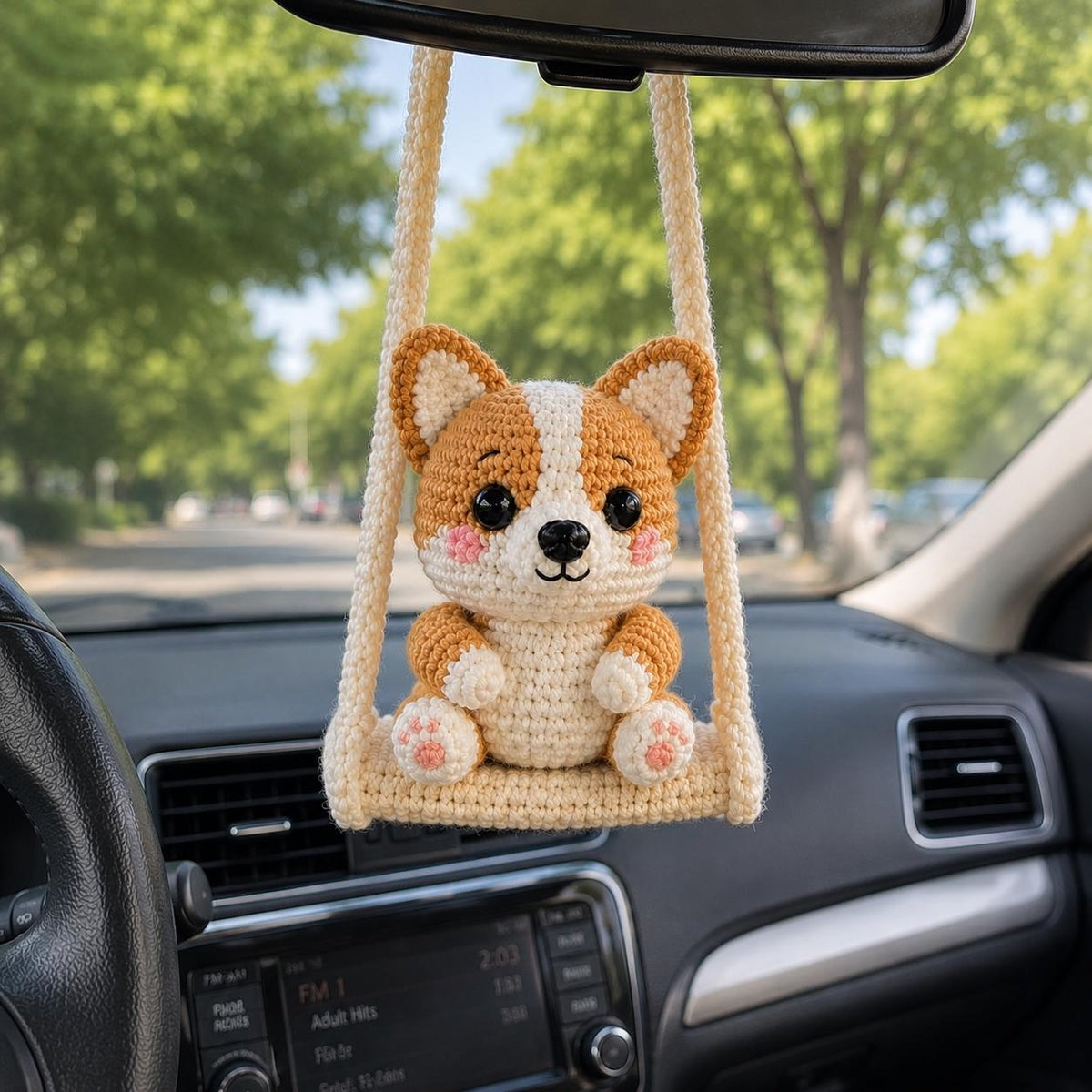 Crochet Corgi Car Charm, Cute Rearview Mirror Ornament, Handmade Amigurumi Dog on Swing, Corgi Lover Gift, Car Hanging Decor