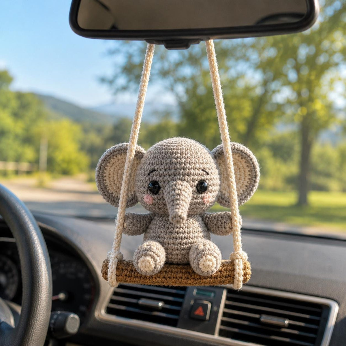 Crochet Elephant Car Charm, Handmade Amigurumi Elephant on Swing, Rearview Mirror Ornament, Cute Car Accessory, Elephant Lover Gift