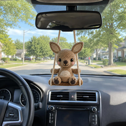 Crochet Kangaroo Car Charm on Swing, Handmade Rearview Mirror Hanger, Cute Amigurumi Car Accessory, Kawaii Australian Animal Gift