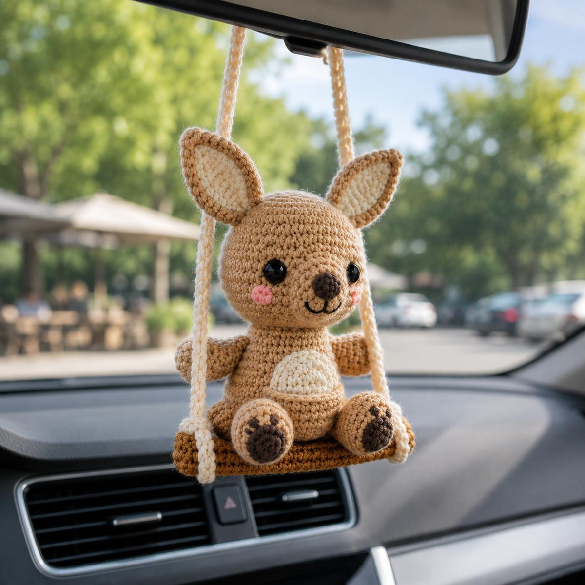 Crochet Kangaroo Car Charm on Swing, Handmade Rearview Mirror Hanger, Cute Amigurumi Car Accessory, Kawaii Australian Animal Gift