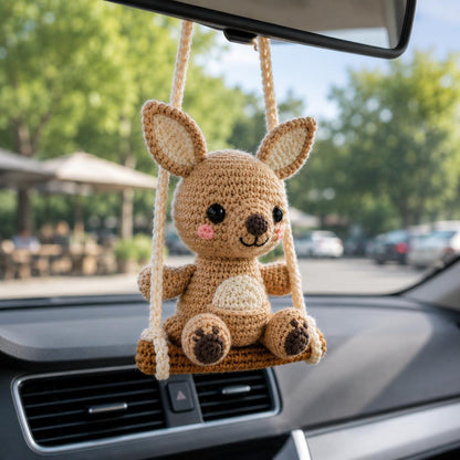 Crochet Kangaroo Car Charm on Swing, Handmade Rearview Mirror Hanger, Cute Amigurumi Car Accessory, Kawaii Australian Animal Gift