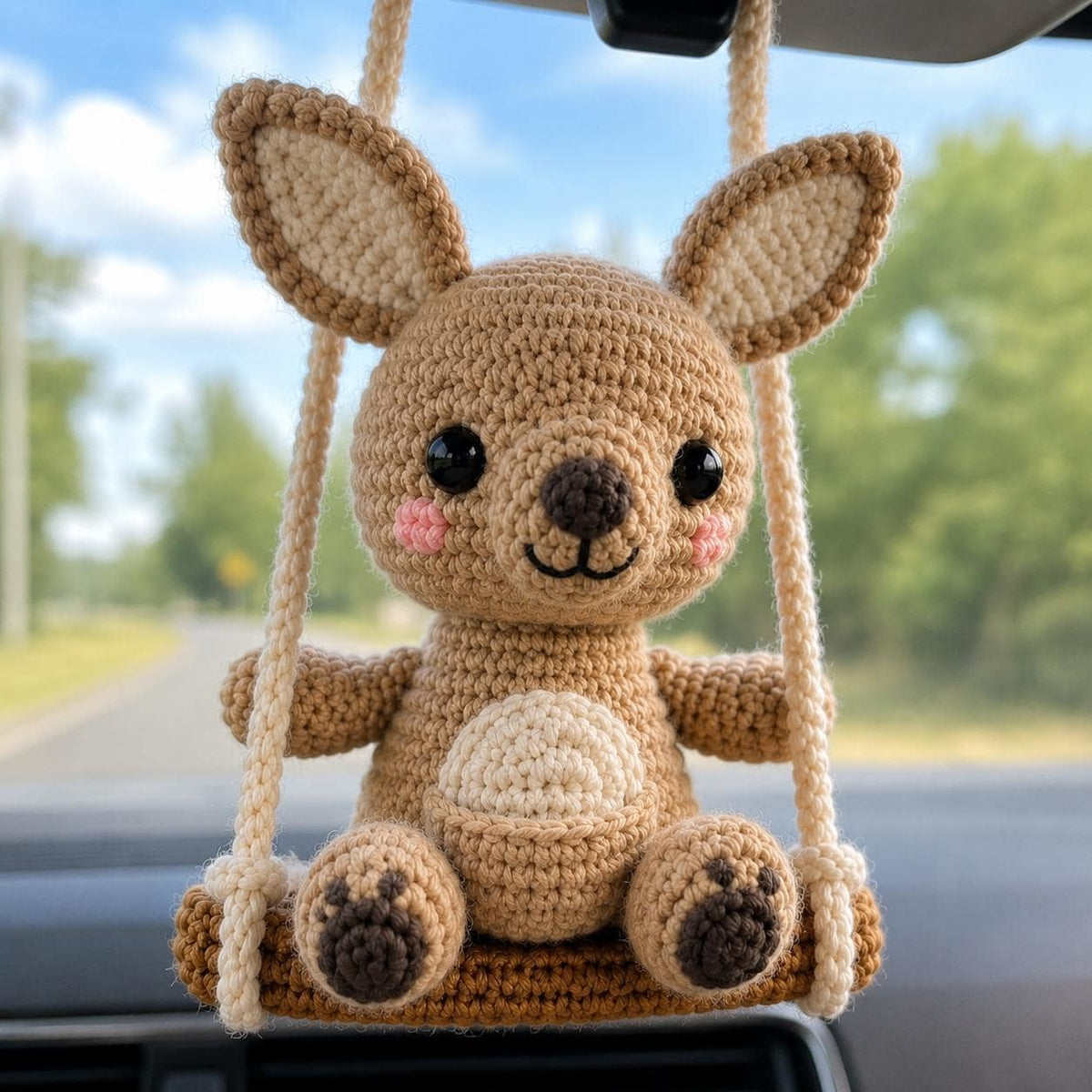 Crochet Kangaroo Car Charm on Swing, Handmade Rearview Mirror Hanger, Cute Amigurumi Car Accessory, Kawaii Australian Animal Gift