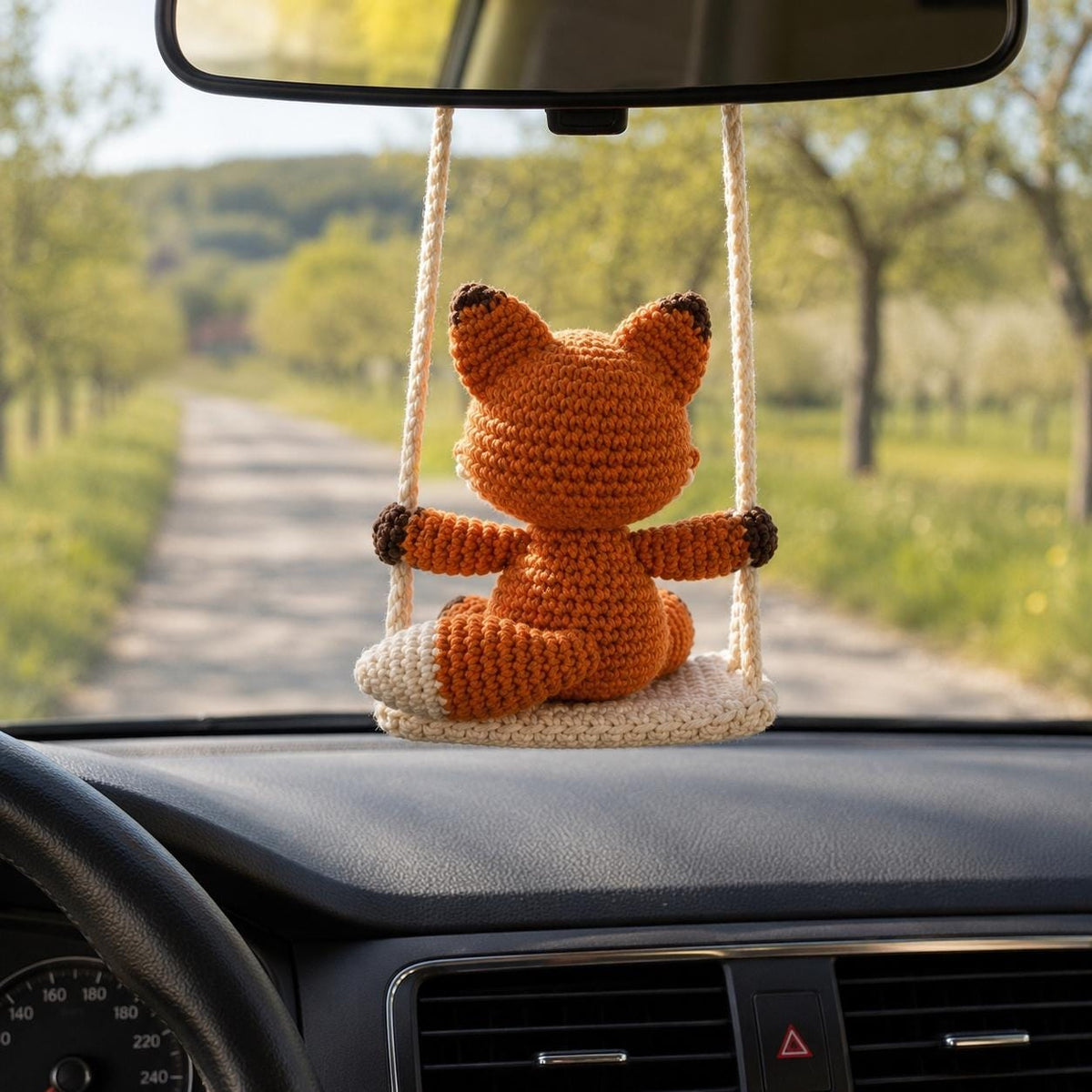 Crochet Fox Car Charm on Swing, Handmade Amigurumi Rearview Mirror Hanging, Cute Car Accessory, Fox Lover Gift