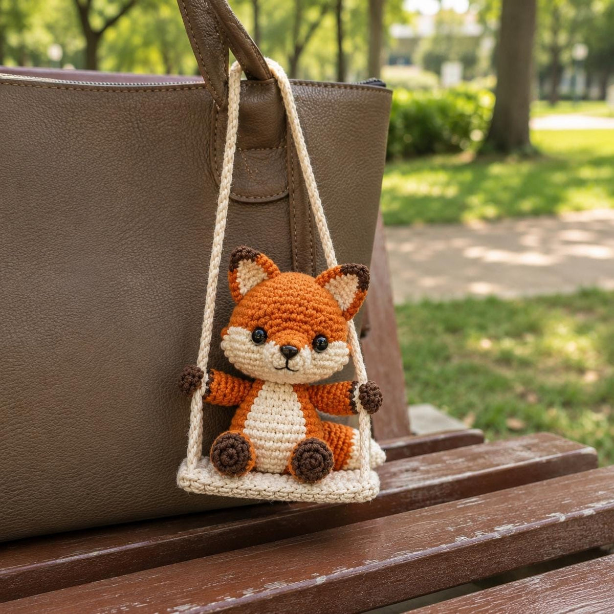Crochet Fox Car Charm on Swing, Handmade Amigurumi Rearview Mirror Hanging, Cute Car Accessory, Fox Lover Gift