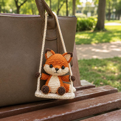 Crochet Fox Car Charm on Swing, Handmade Amigurumi Rearview Mirror Hanging, Cute Car Accessory, Fox Lover Gift