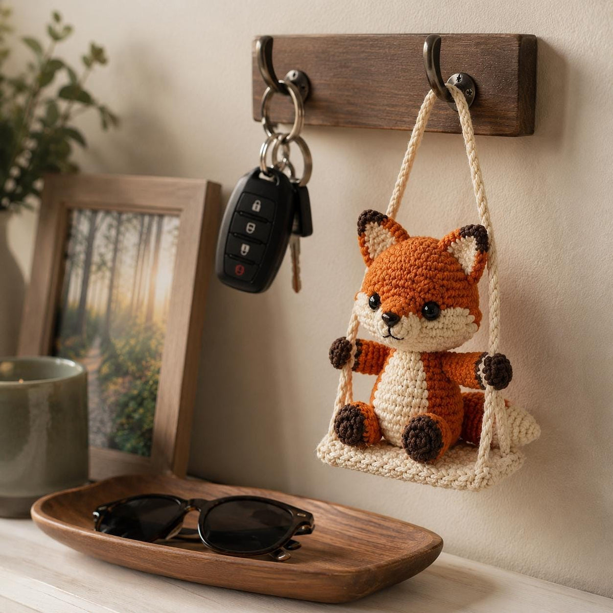 Crochet Fox Car Charm on Swing, Handmade Amigurumi Rearview Mirror Hanging, Cute Car Accessory, Fox Lover Gift
