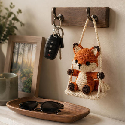 Crochet Fox Car Charm on Swing, Handmade Amigurumi Rearview Mirror Hanging, Cute Car Accessory, Fox Lover Gift