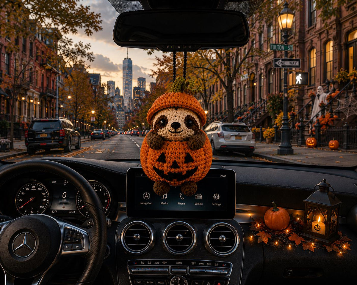 Crochet Sloth Halloween Car Charm, Amigurumi Animal Rearview Mirror Decor, Hanging Ornament. 5 Inches