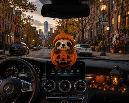 Crochet Sloth Halloween Car Charm, Amigurumi Animal Rearview Mirror Decor, Hanging Ornament. 5 Inches