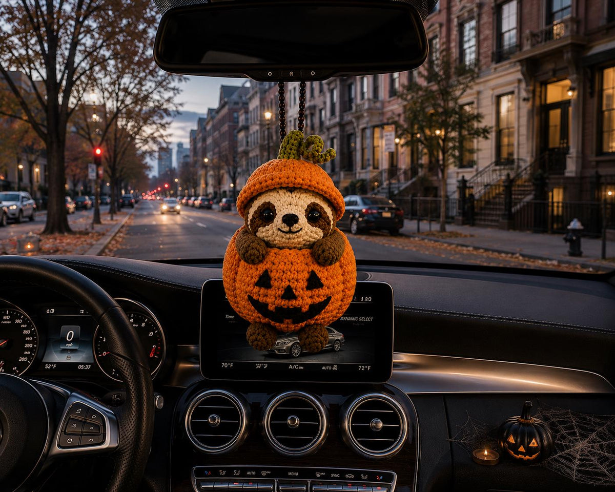 Crochet Sloth Halloween Car Charm, Amigurumi Animal Rearview Mirror Decor, Hanging Ornament. 5 Inches